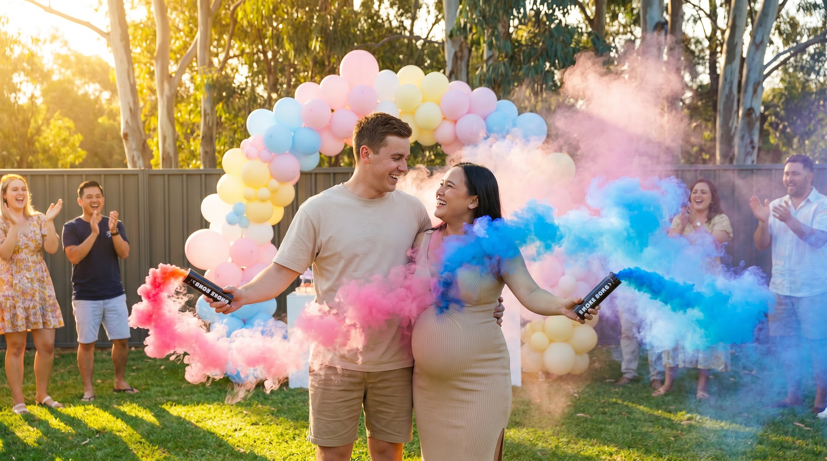 Young Australian couple holding gender reveal smoke bombs in sunny backyard with pink and blue smoke clouds