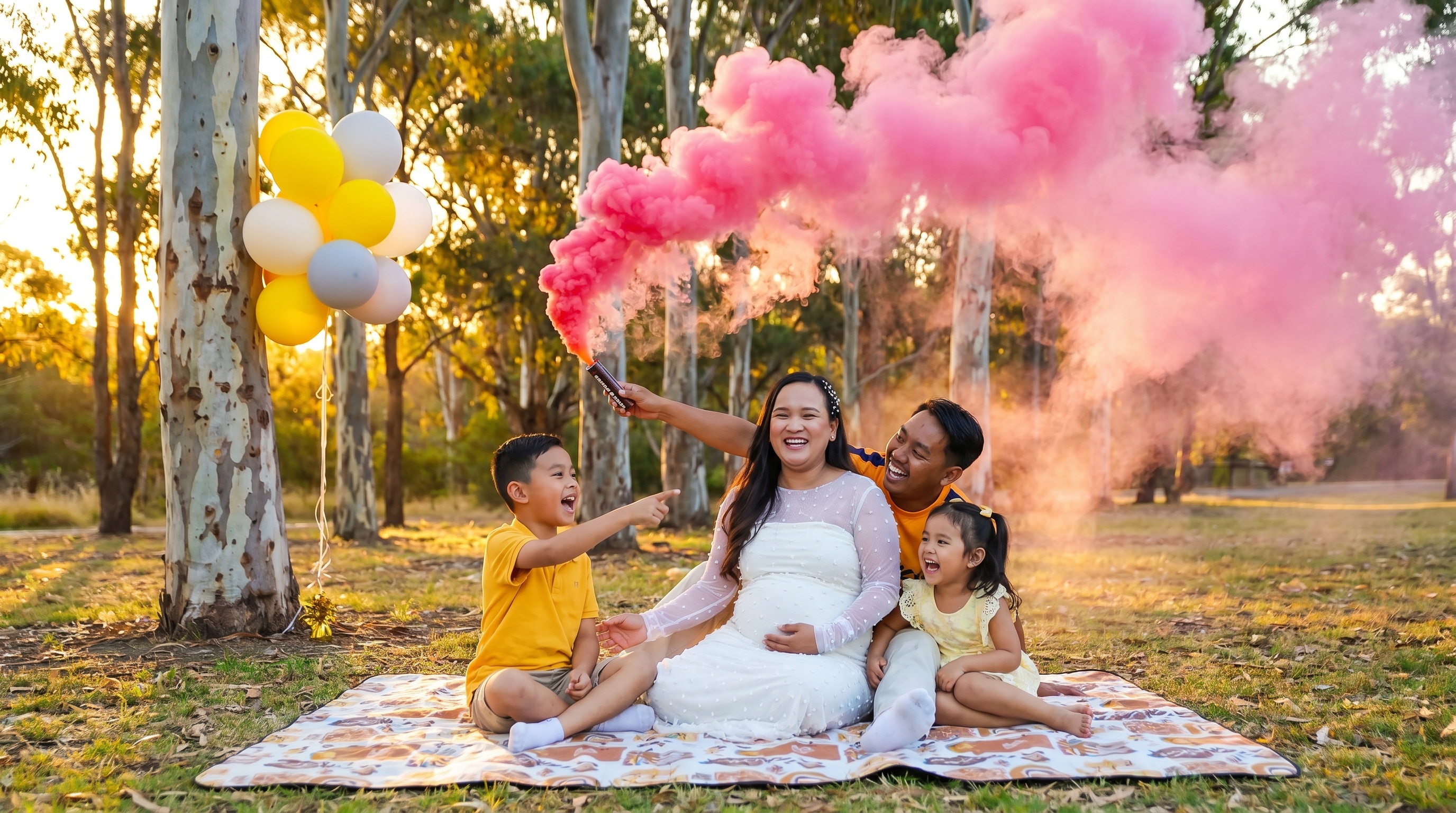 Family of four in Australian park with gender reveal smoke creating pink cloud behind them