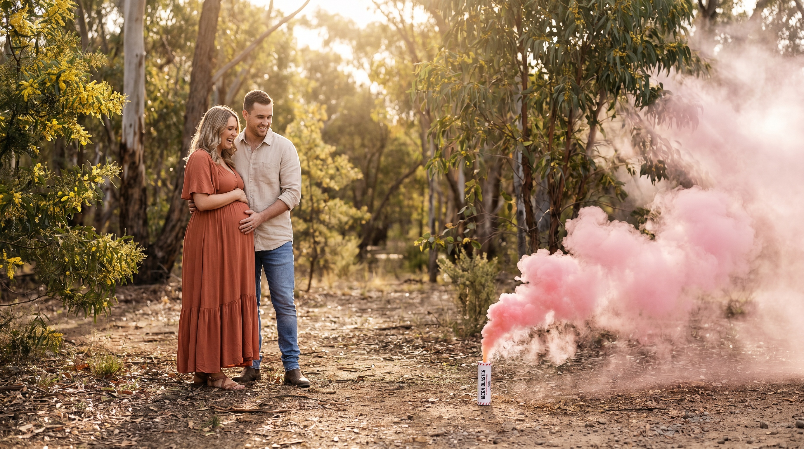 Pregnant woman and partner in Australian bushland setting with blue smoke bomb creating dramatic background