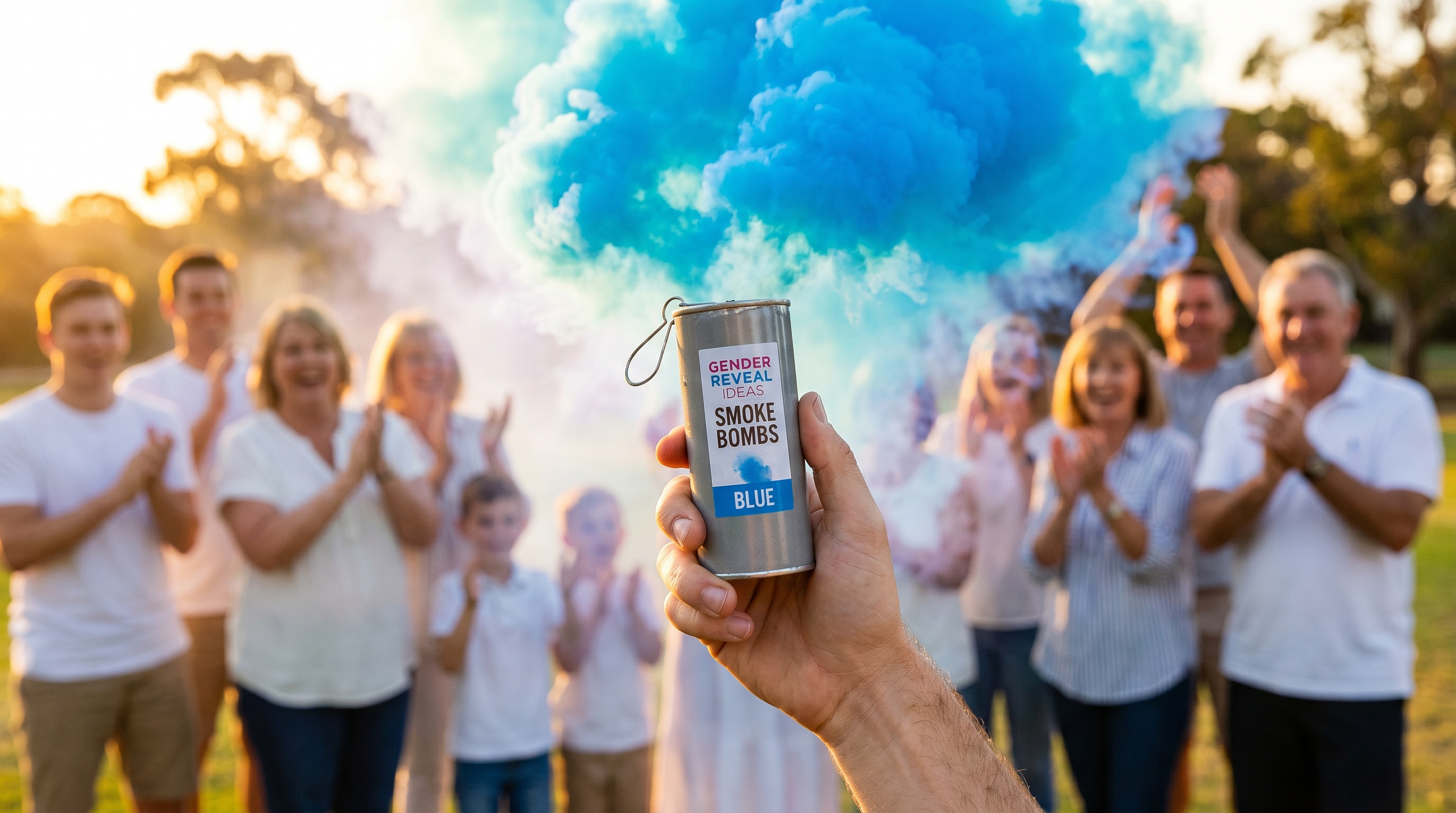 Large Australian family group celebrating with multiple pink smoke bombs in park setting