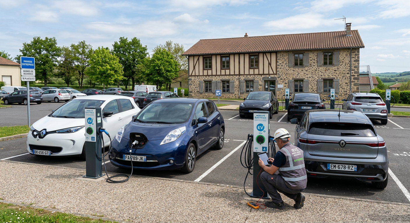 Borne de recharge électrique dans un parking d'entreprise avec plusieurs véhicules en charge et un installateur qualifié vérifiant l'installation IRVE.