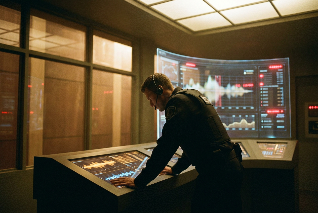A digital dashboard showing streaming data visualizations with one column of music uploads glowing red and labeled "AI" towering over a smaller column labeled "Human," with a fraud detection system scanning tracks with laser beams in a dark control room