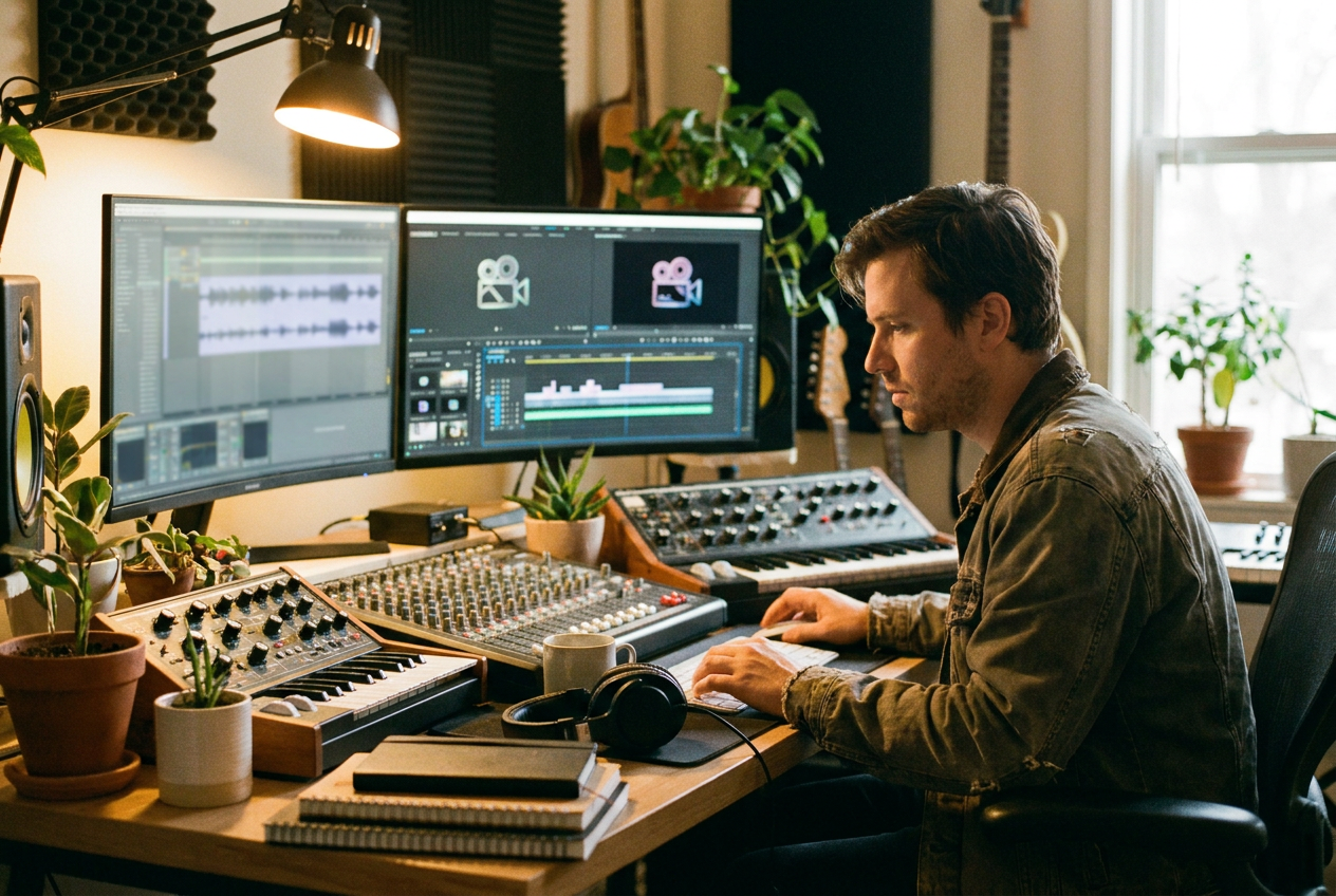 A musician sitting at a desk with dual monitors, one showing an AI music generation interface and the other showing an AI video editing timeline with colorful music video scenes, the artist pointing at the screen making a creative decision, warm studio lighting, headphones around neck, coffee cup nearby