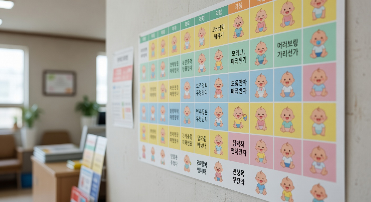 colorful vaccination schedule chart on a clinic wall with Korean text and baby icons
