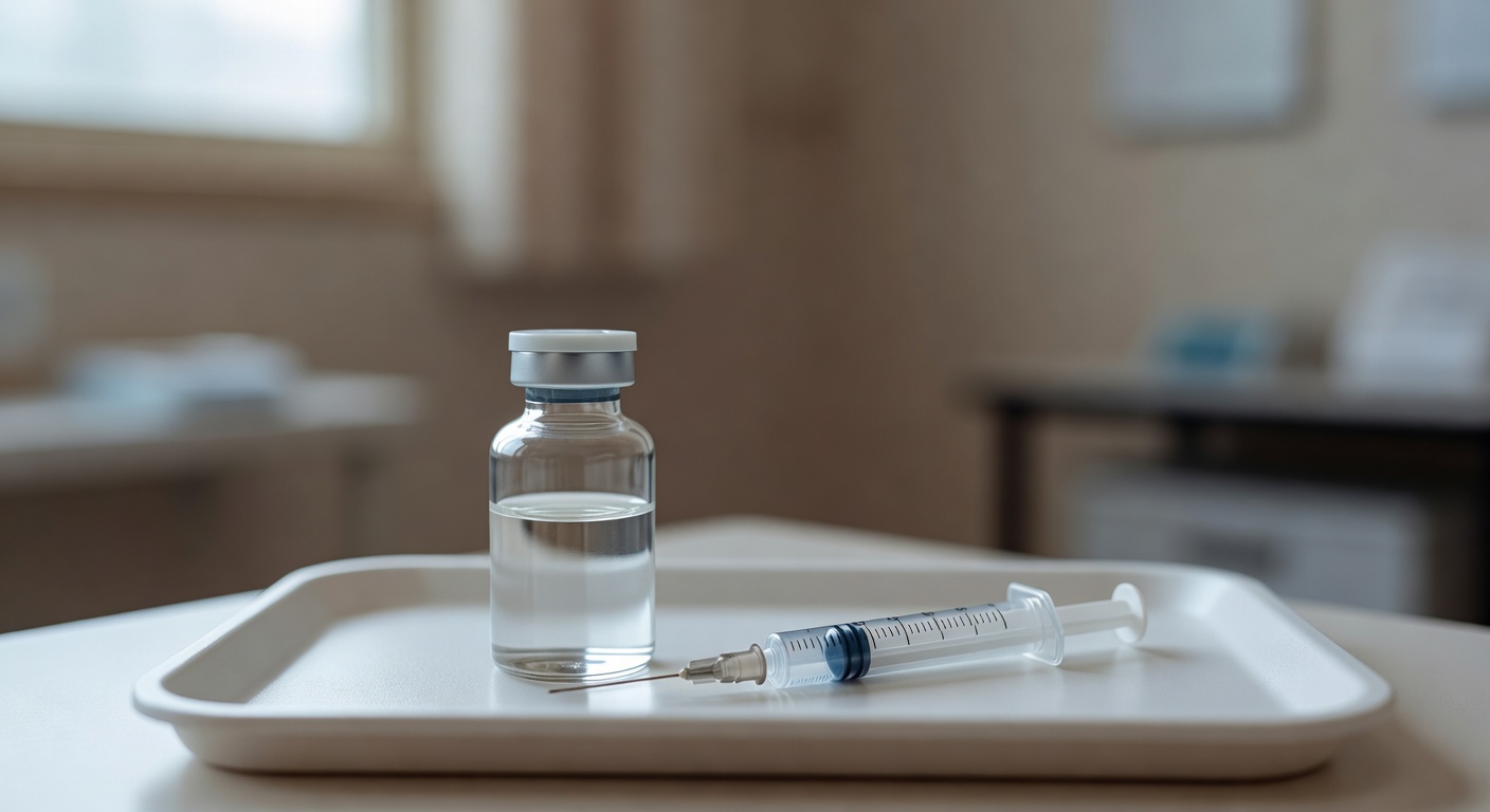 small glass bottle of vaccine and medical syringe on a white medical tray