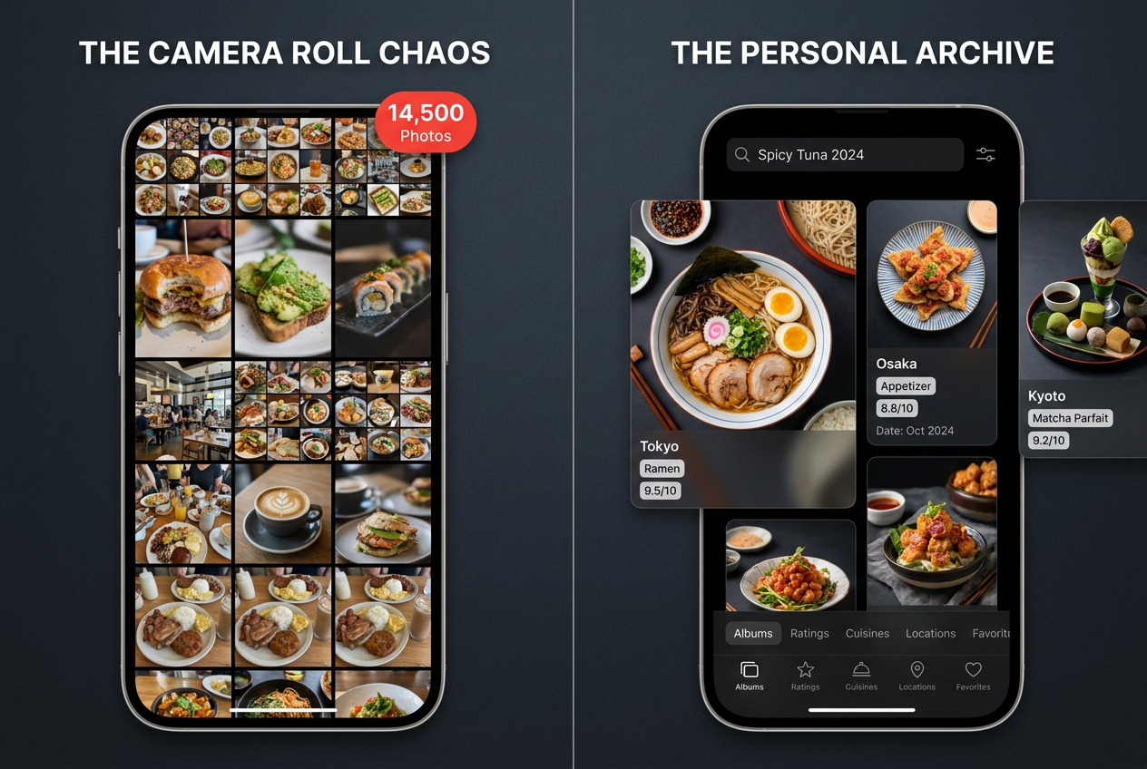A side-by-side comparison of a cluttered smartphone camera roll versus an organized, searchable private food journal app interface for foodies.