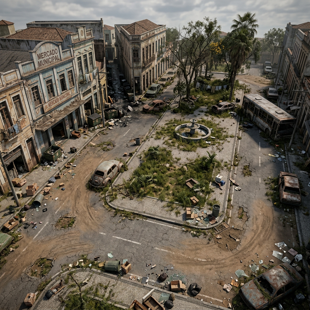 uma cidade após apocalipse zumbi, com