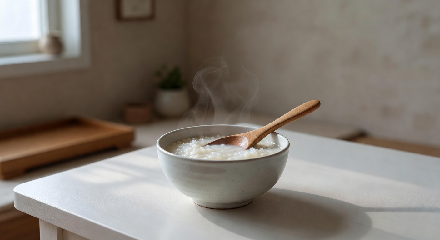 small ceramic bowl with rice porridge and a wooden spoon on a white table, soft natural light from a window