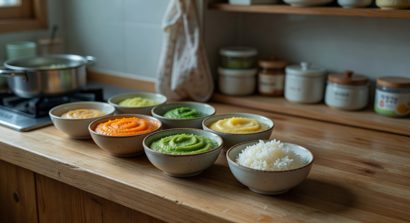 baby food ingredients including small bowls of pureed vegetables and rice on a wooden kitchen counter