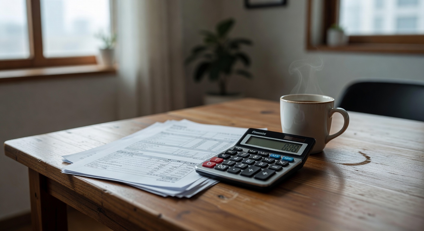 tax documents and calculator placed on a wooden table next to a coffee mug