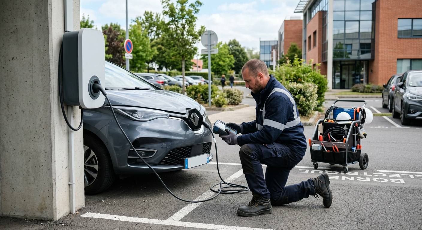 Installateur IRVE vérifiant une borne de recharge électrique individuelle connectée à un véhicule sur un parking d'entreprise