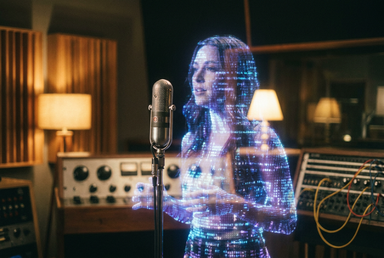alt text: A ghostly, semi-transparent R&B singer performing at a microphone in a recording studio, with digital glitch effects and code fragments visible through the figure, warm studio lighting