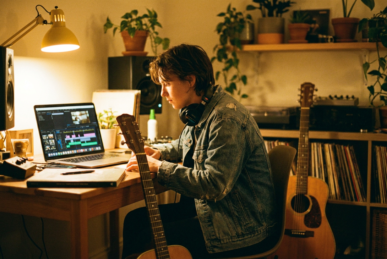 alt text: A musician recording in a home studio with a laptop showing a video editing timeline, guitar leaning against the desk, warm desk lamp lighting