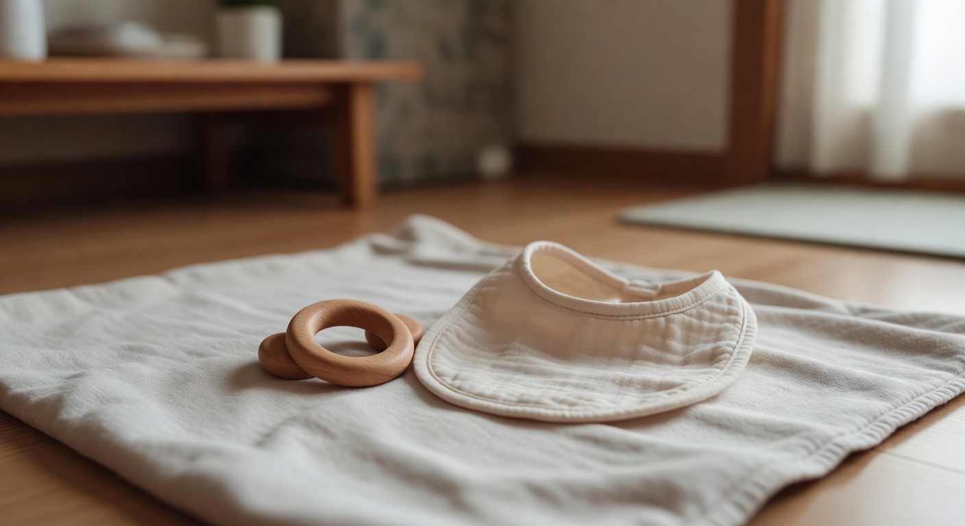 wooden teething toy and soft cloth bib placed on a light-colored baby blanket