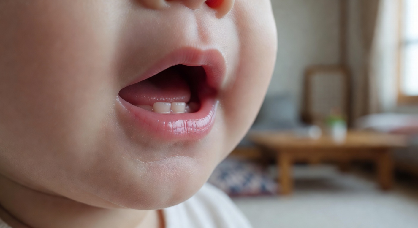 close-up of a baby's lower gums showing early teething signs, soft natural lighting on white background