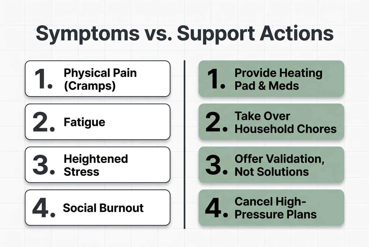 A practical matrix comparing common PMS symptoms like cramps and fatigue with specific support actions for partners to take immediately.