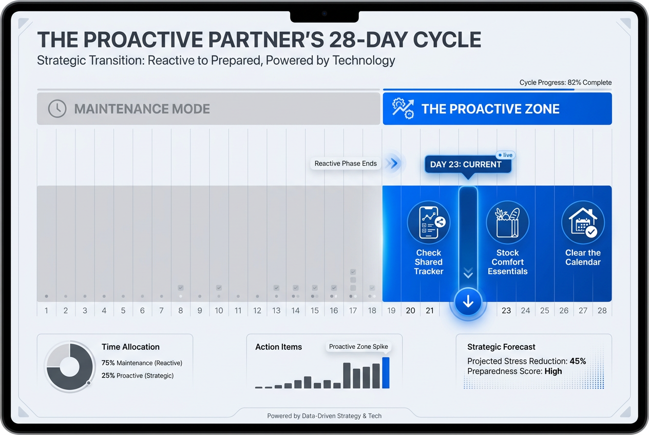 A 28-day cycle timeline highlighting the proactive zone where partners can use tracking apps to prepare for PMS symptoms before they start.