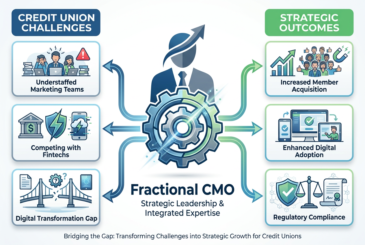Infographic illustrating a Fractional CMO's role bridging credit union marketing challenges with strategic growth outcomes and expertise on demand.