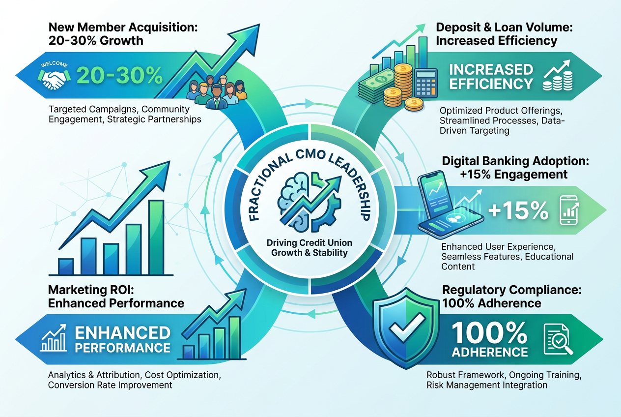 Infographic showing how a Fractional CMO drives key credit union growth metrics: member acquisition, deposit growth, digital adoption, and compliance.