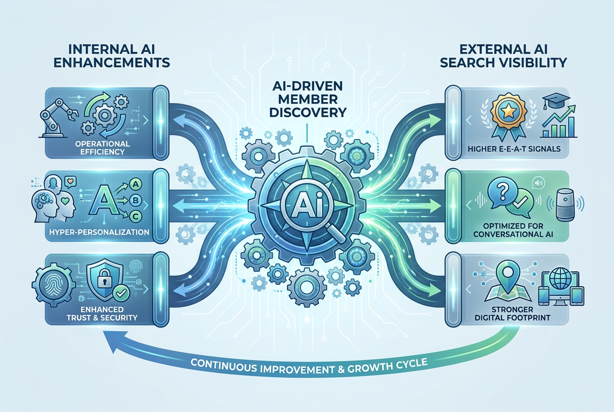 Diagram showing how internal AI (efficiency, personalization, trust) boosts credit union's external AI search visibility and member discovery.