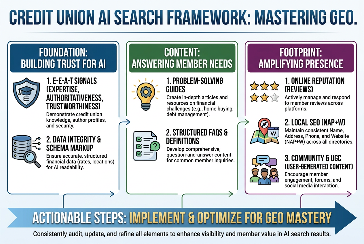 Framework for Credit Union AI Search Optimization (GEO) focusing on E-E-A-T, structured data, problem-solving content, and digital footprint.
