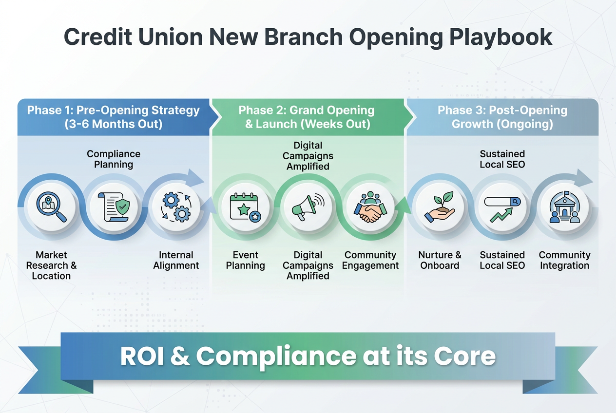 Phased marketing playbook for new credit union branch opening, detailing pre-opening strategy, grand opening launch, and post-opening growth, with ROI and compliance core.