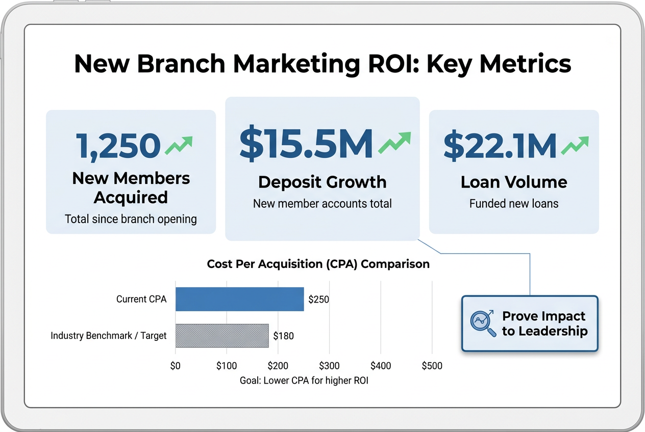Dashboard illustrating new credit union branch marketing ROI and KPIs: new members, deposit growth, loan volume, and cost per acquisition.