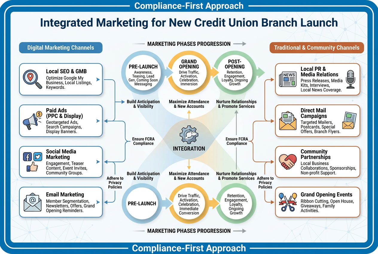 Integrated marketing channels for credit union new branch launch, blending digital tactics (SEO, ads, social) and traditional (PR, events) with a compliance-first approach.