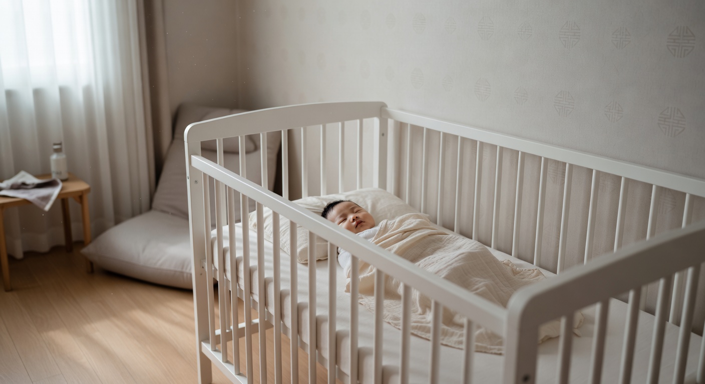 baby sleep space with white crib and soft blanket in a calm nursery room