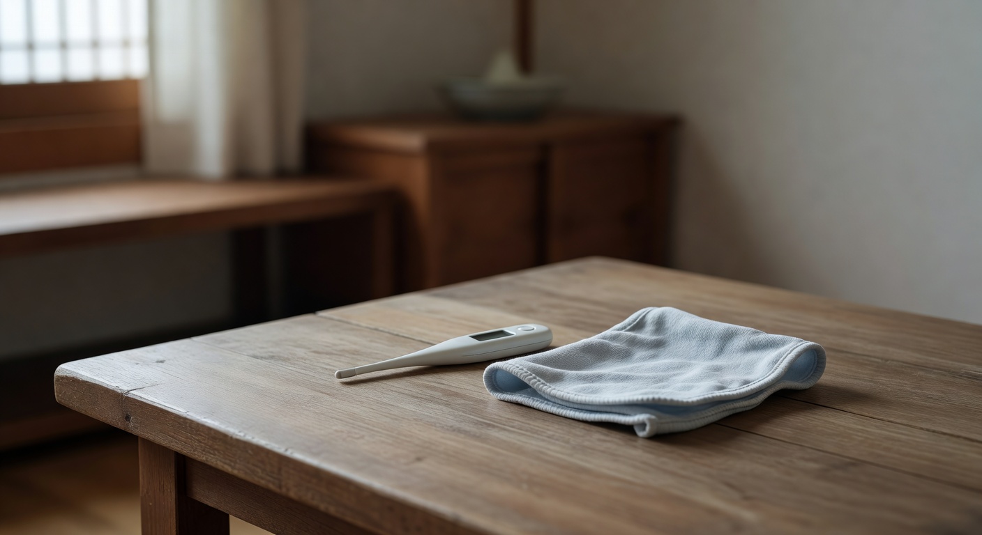 small baby items including a thermometer and burp cloth on a wooden table
