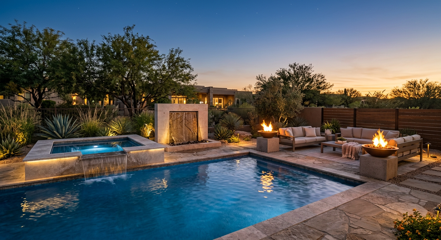 Modern Pool Fire And Water Features For Luxury Backyards Elegant in-content image of a modern backyard at dusk featuring a raised spa with spillover, two fire bowls, and a minimal...