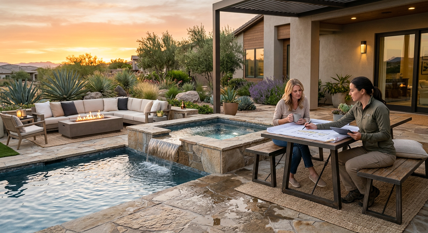 Photorealistic backyard transformation scene with a designer reviewing plans beside a modern spool, spa spillway, and outd...