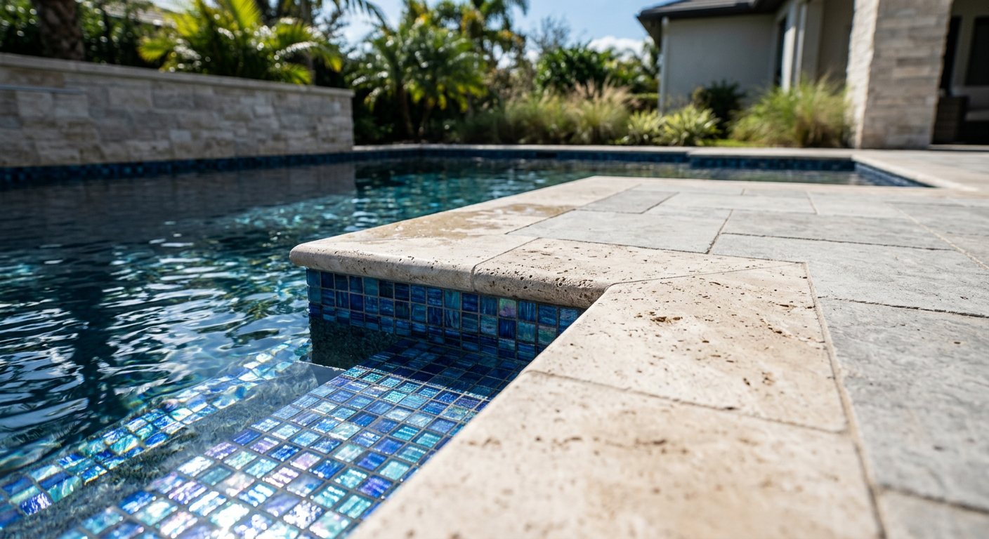 A close-up photorealistic composition of premium pool finishes, including glass tile, travertine coping, and polished natu...
