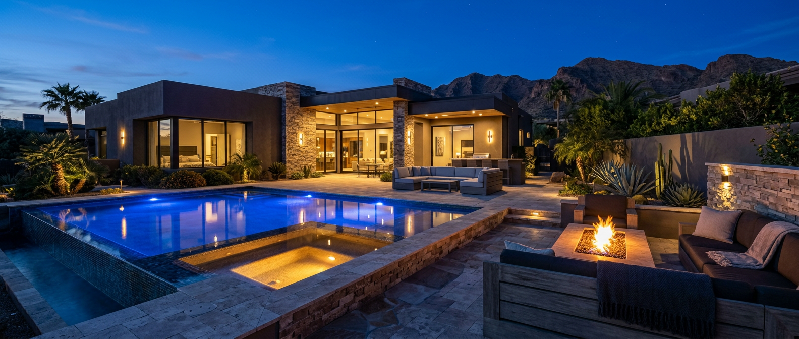A photorealistic evening scene of a finished luxury backyard oasis with illuminated pool, spa, fire feature, stone decking...