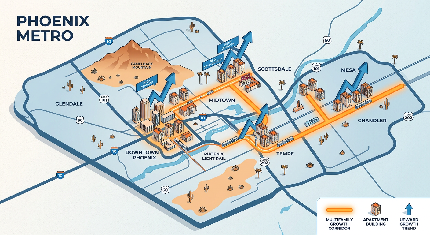 An isometric-style modern illustration of a Phoenix metro map with highlighted multifamily growth corridors, apartment ico...