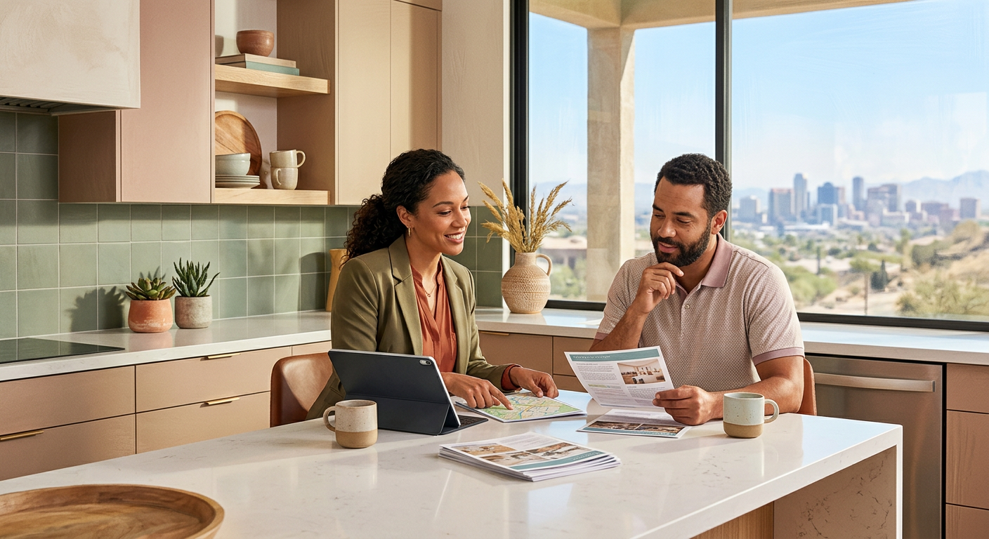 Realistic interior scene of a Phoenix homebuyer reviewing listings with a real estate agent at a bright kitchen island, mo...
