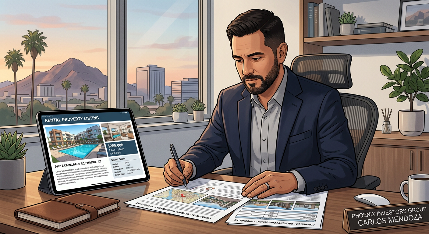 Modern illustrative scene of a Phoenix investor reviewing property documents beside a tablet showing a rental property lis...