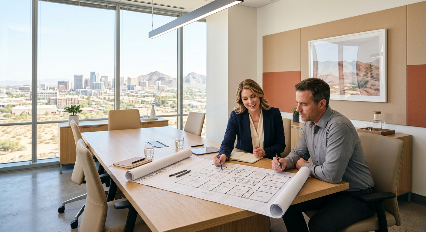 Modern interior of a Phoenix commercial office suite with a tenant and broker reviewing floor plans at a conference table,...