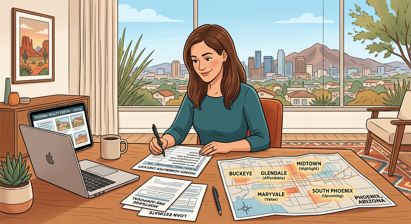 Clean, modern illustrative scene showing a Phoenix homebuyer reviewing a checklist beside a laptop, mortgage papers, and a...