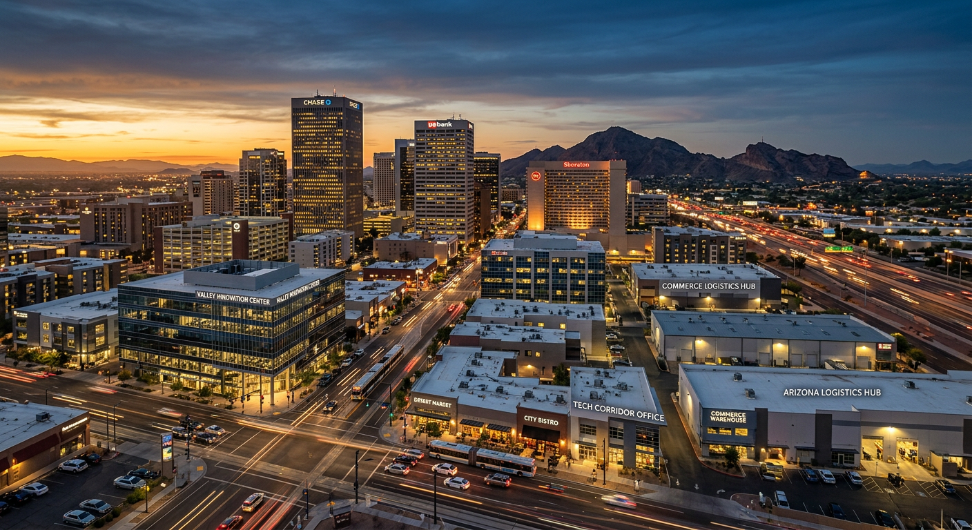 Photorealistic Phoenix skyline and commercial district at dusk, with subtle overlays of storefronts, office buildings, and...