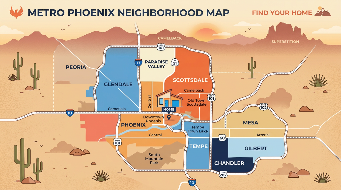 A clean, modern illustration of a Phoenix metro map with highlighted neighborhoods, a house icon, freeway lines, and subtl...