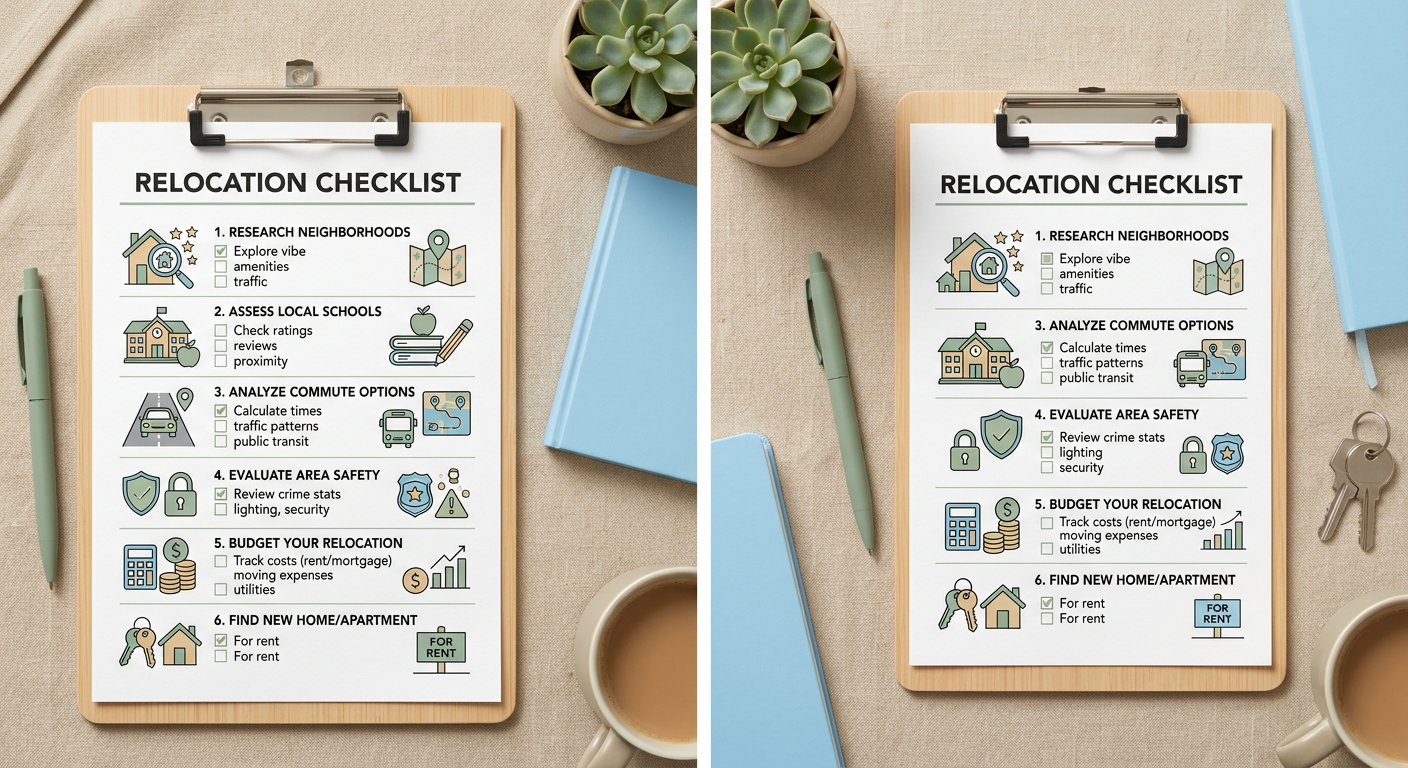 Modern flat-lay style illustration of a relocation checklist on a clipboard with icons for schools, commute, safety, budge...