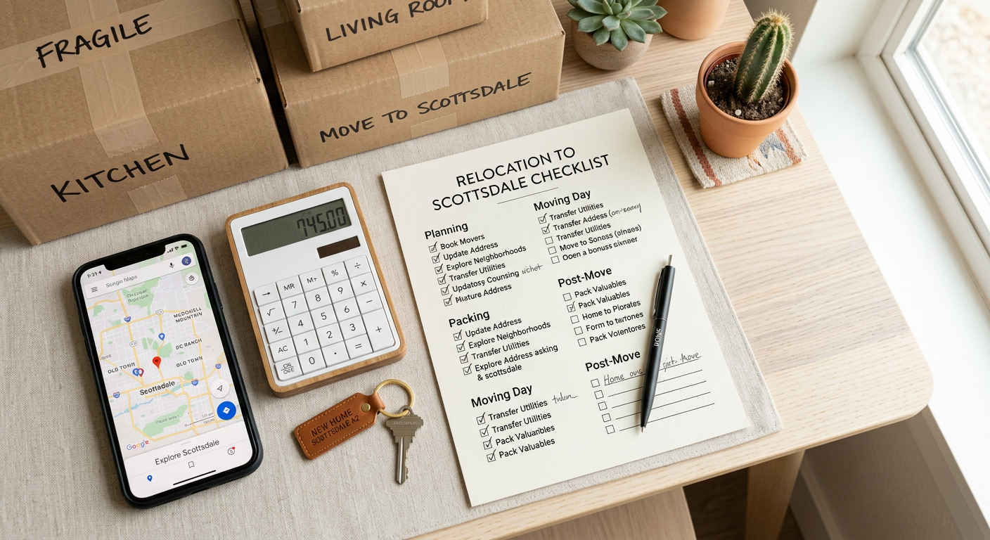 A clean, modern flat-lay style visual of a relocation checklist on a desk with a phone showing Scottsdale neighborhood map...