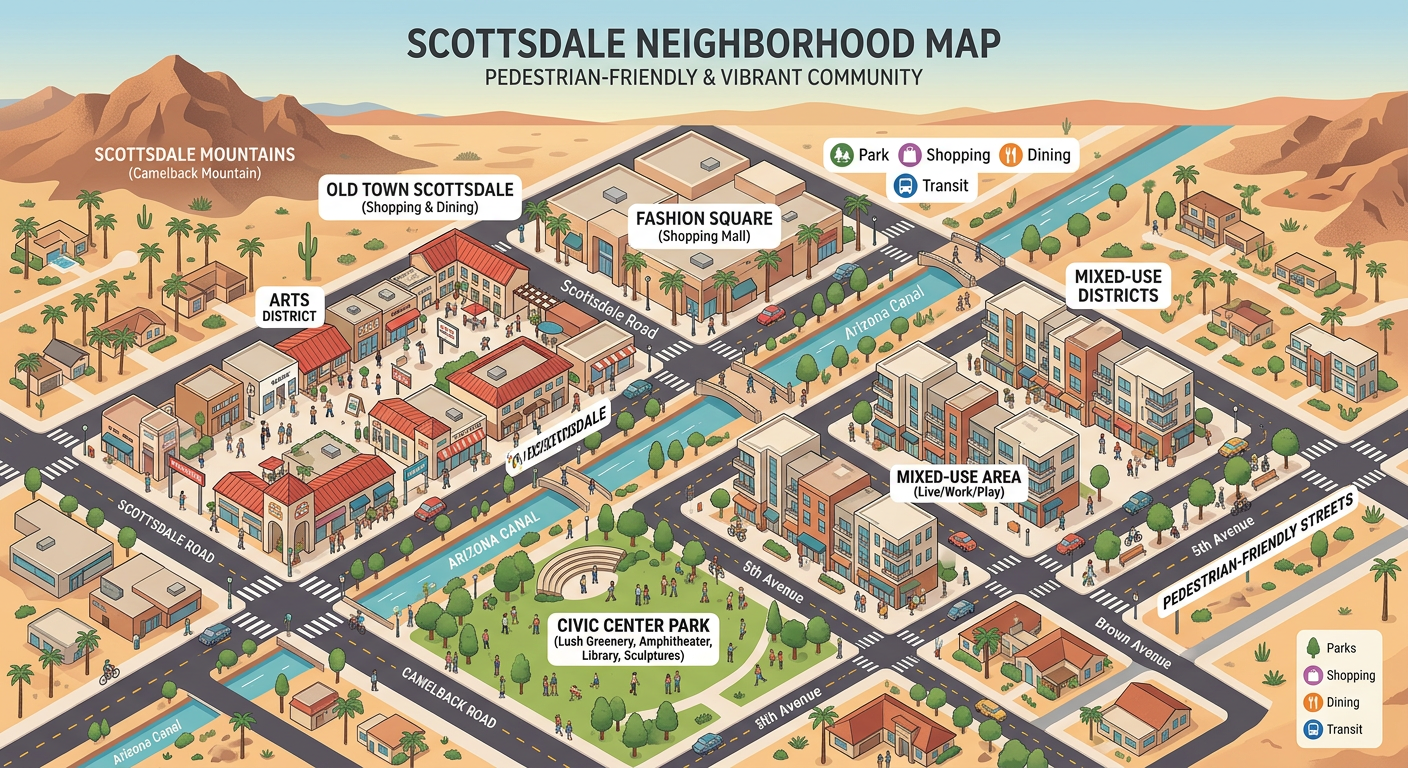 Walkable Neighborhoods In Scottsdale: Best Areas To Live 4 An isometric-style neighborhood map illustration of Scottsdale showing pedestrian-friendly streets, shopping districts, pa...