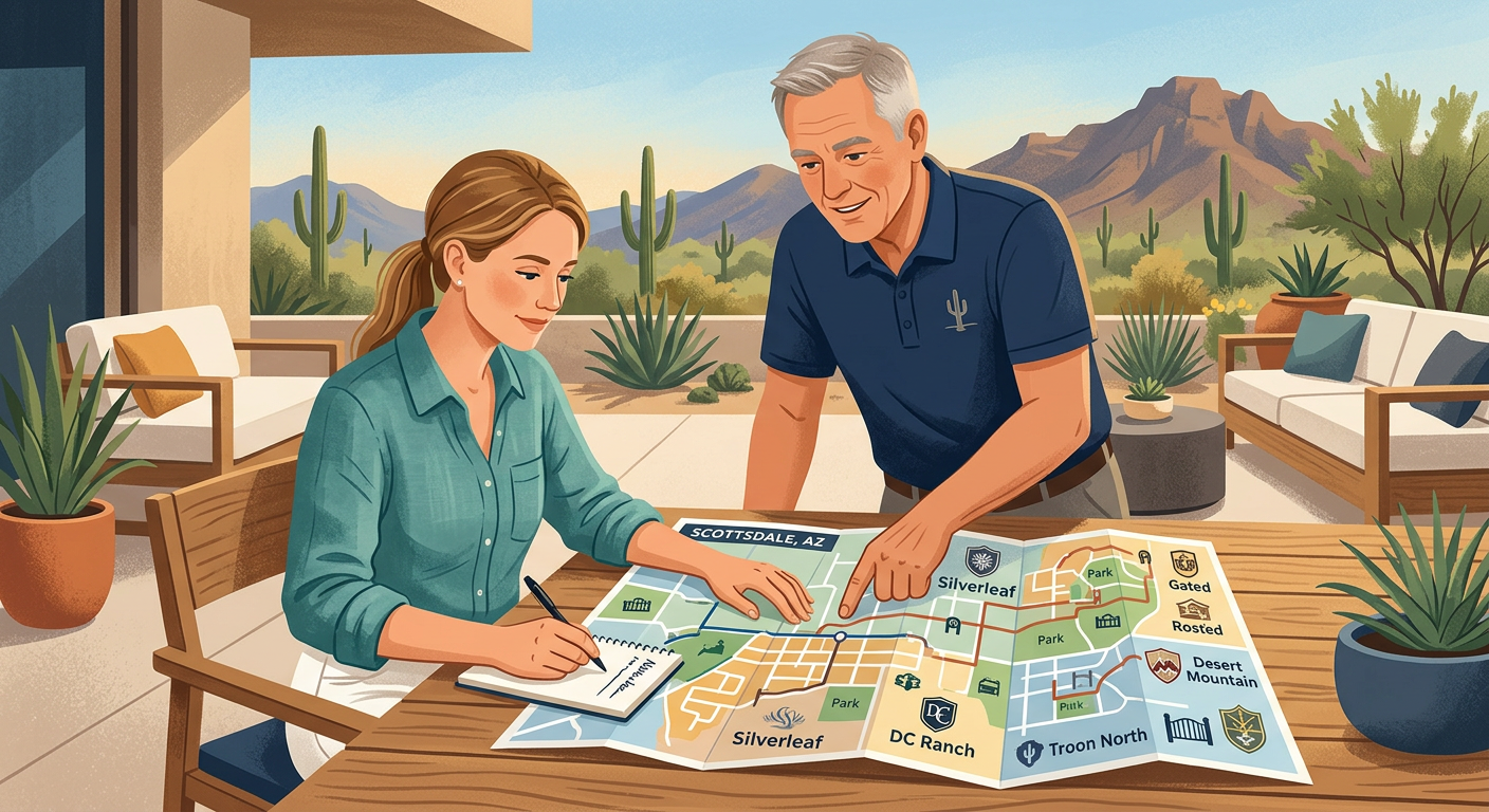 Modern editorial-style illustration of a Scottsdale homebuyer reviewing a neighborhood map and comparing gated community o...
