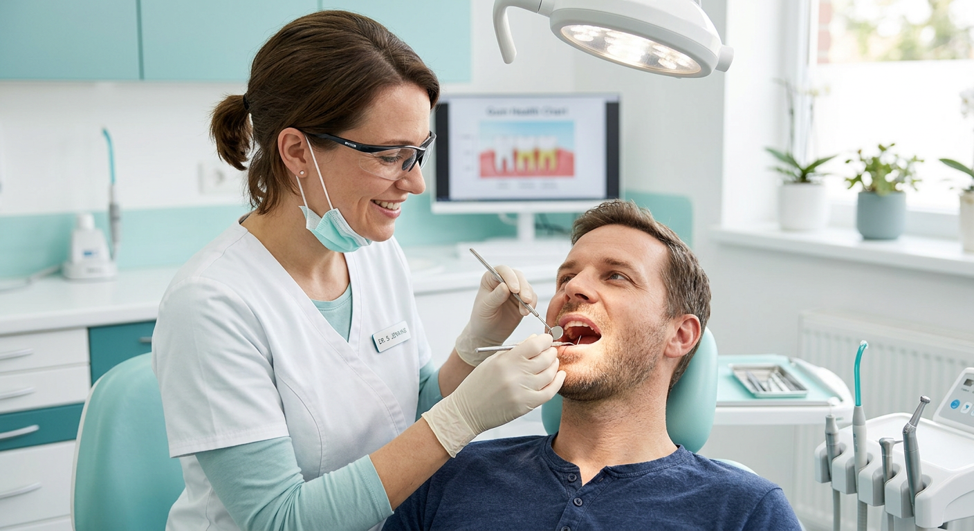 Close-up photorealistic scene of a female dentist using a small mirror and periodontal probe while explaining gum health t...