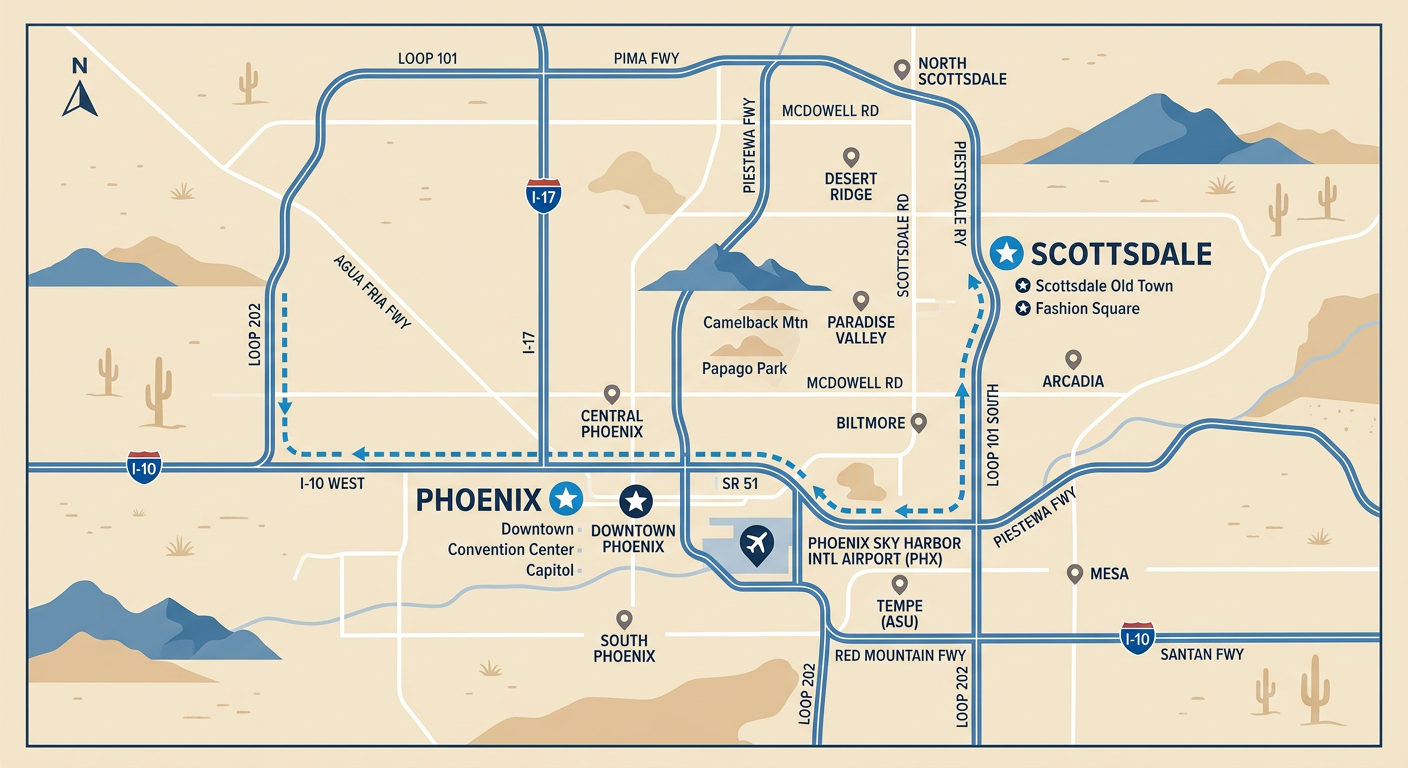 Commute From Scottsdale To Phoenix: What Buyers Should Know 1 Modern illustration of a Scottsdale-to-Phoenix route map with clean freeway lines, subtle desert mountain silhouettes, sma...