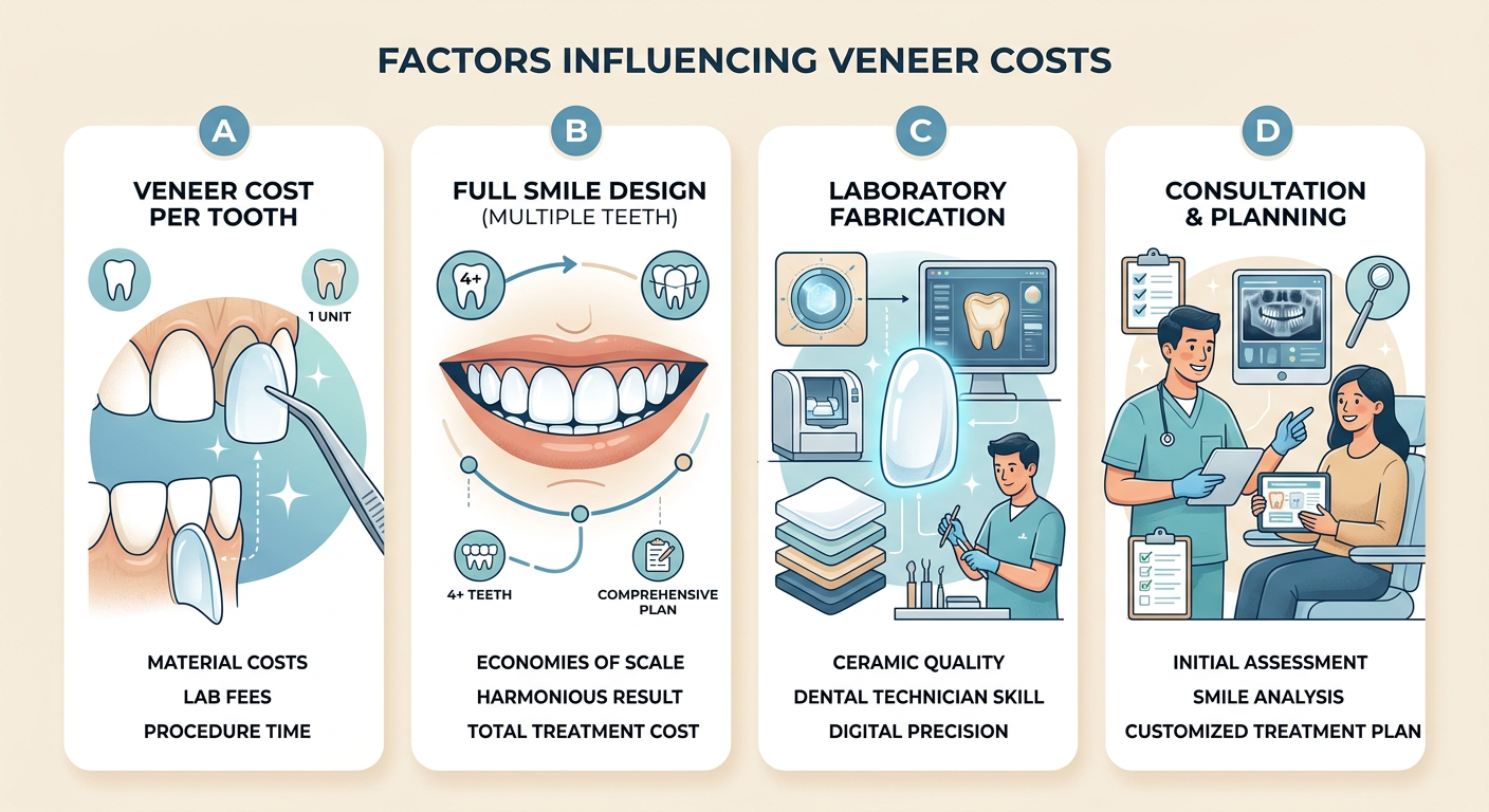 Modern infographic-style illustration of veneer cost factors, showing a single tooth, multiple teeth, lab fabrication, and...