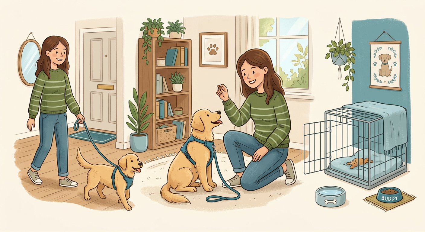 A clean modern illustration of a beginner dog training routine, showing a person rewarding a seated dog, a leash walk, a c...