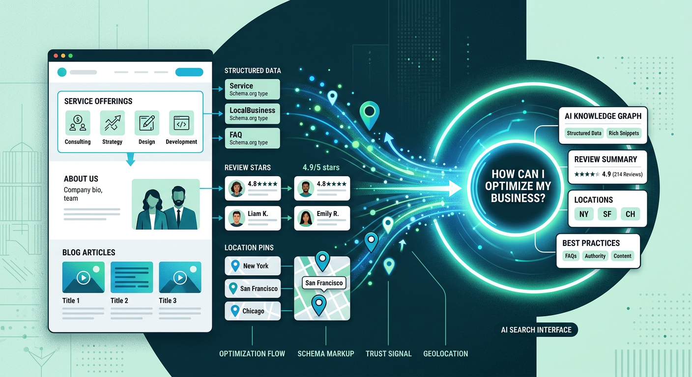 Modern illustrative scene of a business website being optimized for AI search, with structured content blocks, review star...